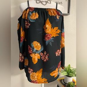 Blush Women Blouse Black Floral Long Cold Shoulder Sleeve Spaghetti Strap Size L